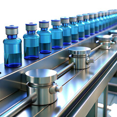 Pharmaceutical production line with blue glass vials and metal machinery isolated on transparent background