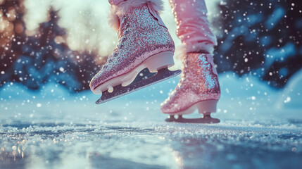 A figure skater's sequined boots are mid-air as she performs a jump on a frozen rink. Ice crystals fly upward, kicked up by her blades, and reflecting sun light. Low-angle view