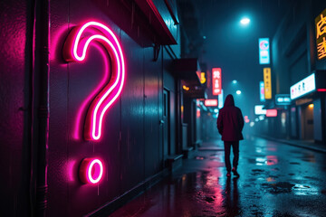 Neon Question Mark Illuminating a Wet City Street at Night Creating an Atmosphere of Mystery