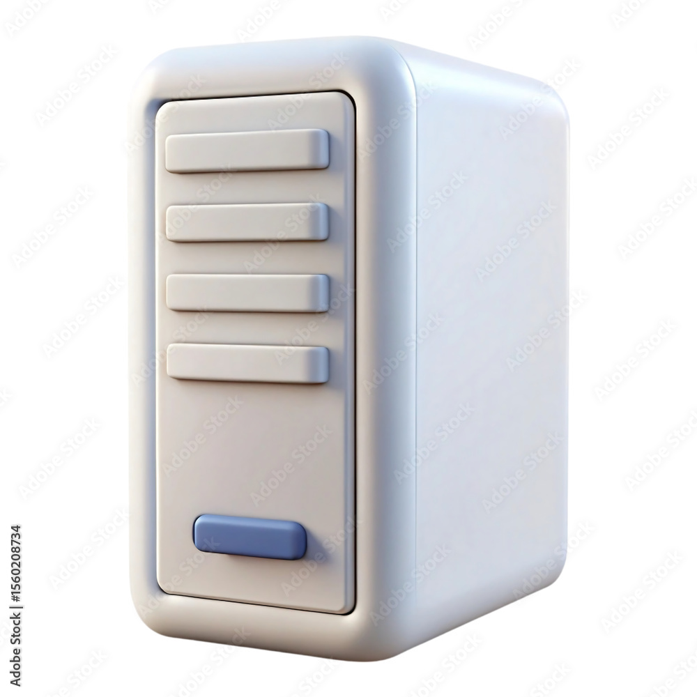 Poster 3 D render of a white computer server with rectangular details and a blue button on the front panel isolated on a transparent background