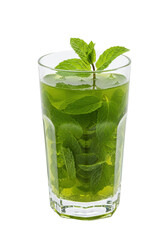 Refreshing green drink with mint leaves inside tall glass, isolated against transparent background