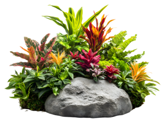 Vibrant Tropical Plants Displayed on a Decorative Rock