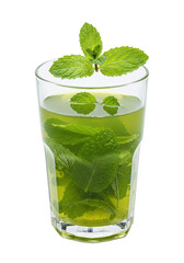 Refreshing mint tea in a glass; vibrant green leaves steep in the liquid
