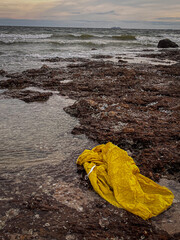 beach polluted with plastic waste.environmental problems of humanity