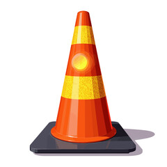Orange traffic cone with reflective stripes on black base  