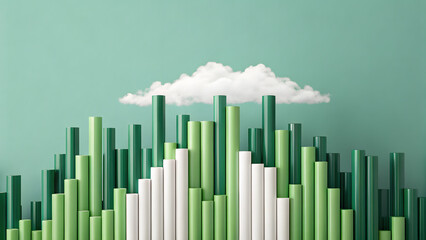 Obraz premium Abstract green and white cylinders arranged like a cityscape with a fluffy white cloud.