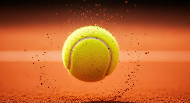 Topspin action on a clay court. A close-up of a tennis ball spinning and kicking up a swirl of red dust and debris.