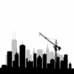 City skyline silhouette with construction crane at sunrise  