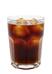 Refreshing glass filled with brown liquid and ice cubes, condensation on outside