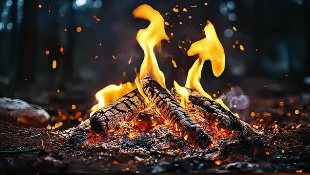 Burning campfire with glowing embers and sparks in dark forest