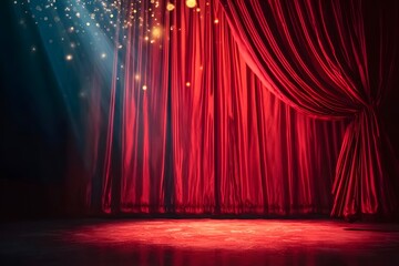 Red stage curtain with lights and glitter in the background, a theater or cinema stage with red curtains. 