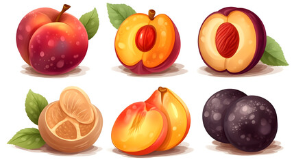 Displaying Plums and Nectarines Whole and Halved with Leaf Detail