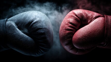 Two boxing gloves clashing in the center, with ample copyspace for adding text. Ideal for a fight night poster, showcasing the intense moment before a boxing match between .