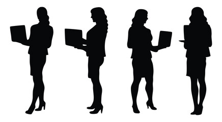 Business Women Working with Laptops Silhouette Set