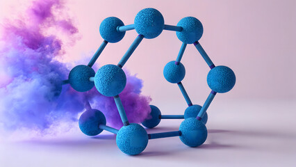 Obraz premium Abstract molecular structure with blue spheres and purple smoke on a pastel background.