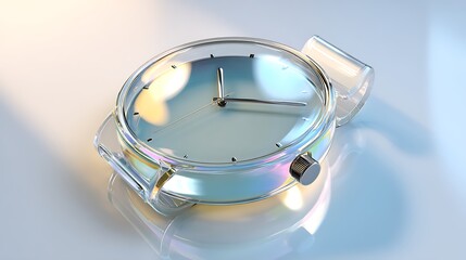 Watch - A 3D glass wristwatch, elegant round design, glossy transparent surface, soft light refractions, white background, icon illustration. .