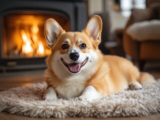 Happy corgi by warm fireplace