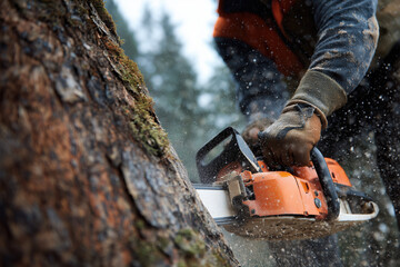 close-up of a male logger using a chainsaw to cut into the base of a large pine tree