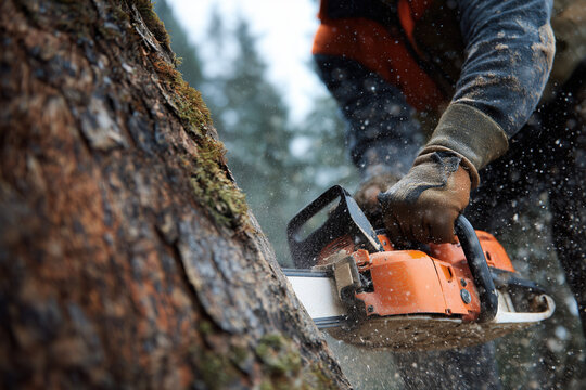 close-up of a male logger using a chainsaw to cut into the base of a large pine tree - Powered by Adobe