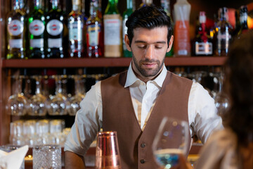 Close-up portrait of a handsome, attentive young bartender with a beard, wearing a vest and listening to an order at a classic bar. Professional service in a restaurant.