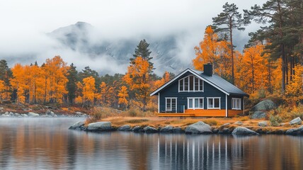 Fototapeta premium Landscape Scenery Mountains Countryside With Cottage House