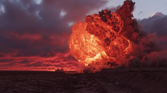 Cinematic shot of an enormous, apocalyptic explosion with a massive fireball and shockwave dwarfing the landscape.

