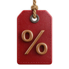 Red leather price tag with wooden percentage symbol isolated on transparent background