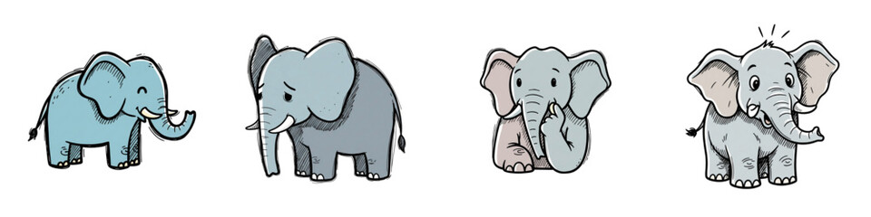 Obraz premium Four cartoon elephants in different poses with playful expressions 