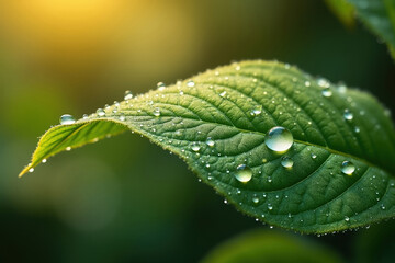 Close-Up of a Vibrant Green Leaf Adorned with Sparkling Water Droplets in Soft Sunlight, Nature's Beauty