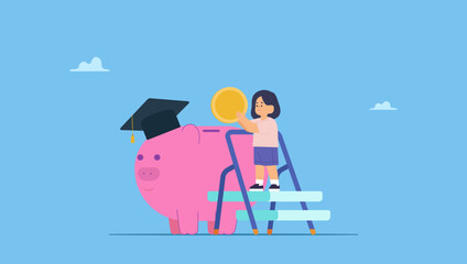 Vector illustration of a girl holding big coin putting in pink piggy bank wearing graduation cap. School or education fund, financial planning for kid school or college budget and scholarship.