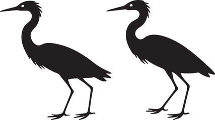 Heron standing on beach and branch with flying bird silhouettes on white background