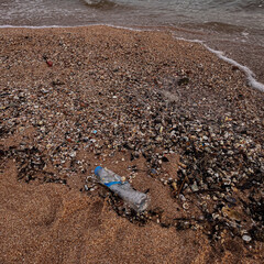 beach polluted with plastic waste.environmental problems of humanity