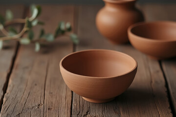 Rustic Pottery Still Life Featuring Handmade Bowls and a Vase on a Weathered Wooden Surface with Greenery