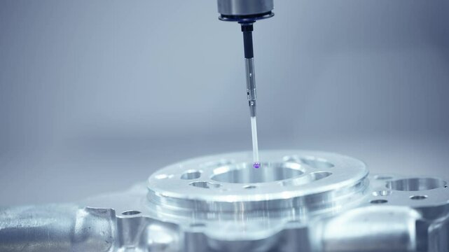 Precision measurement with cnc coordinate measuring machine inspecting metal component.