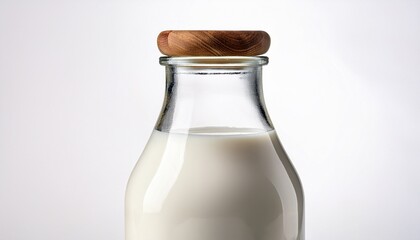 a bottle of fresh milk with a wood stopper lid on an isolated background