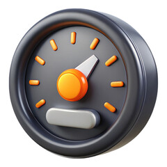 3 D rendered analog gauge with orange and white details on a dark gray face, showing a dial and needle, with a round orange center isolated on a transparent background