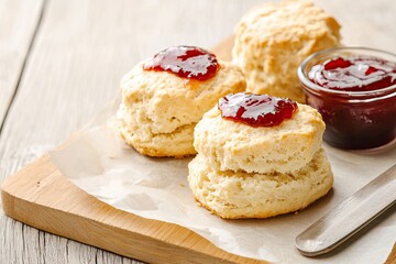 Scone with strawberry jam placed on warm wooden board, this rustic scone evokes cozy cafe mornings and bakery warmth, perfect for scone-themed design and afternoon tea editorials