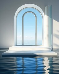 3D rendering of a minimalist product display stage. The window displays a calm sky, a grooved glass panel on the right, and a reflection in the still water.