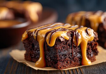 Close-up of caramel-drizzled brownies