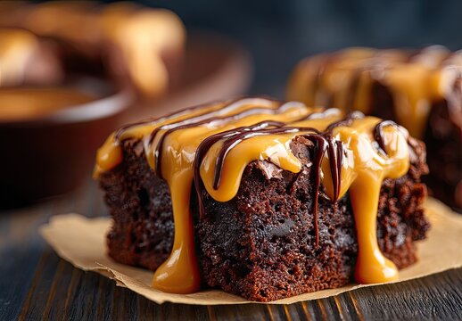 Close-up of caramel-drizzled brownies