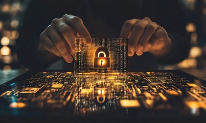 Hands holding a glowing digital lock over a circuit board