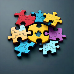 Several colorful interconnected puzzle pieces with one central yellow piece surrounded by red light blue and light purple pieces all arranged on a dark surface