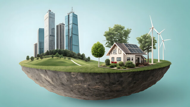 Floating island showcases sustainable living with a house and city skyline.