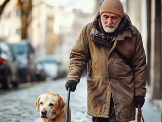 An old man walks with his friendly dog.