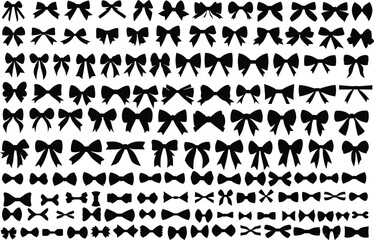 Expansive vector silhouette collection showcasing a wide variety of bows and ribbons, perfect for diverse graphic design projects, invitations, gift wrapping, and decorative accents

