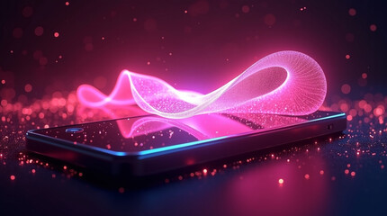 A smartphone displaying a vibrant abstract light pattern in pink and neon colors, representing modern technology and digital communication