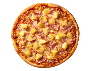 Whole Hawaiian Pizza with Ham and Pineapple Isolated on White Background