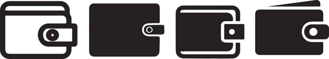 Collection of four minimalist wallet icons in black and white, representing finance, payment, and personal banking, ideal for digital interfaces, financial apps, and e-commerce designs

