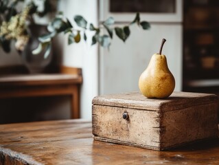 Pear on the wooden box laying on kitchen table.