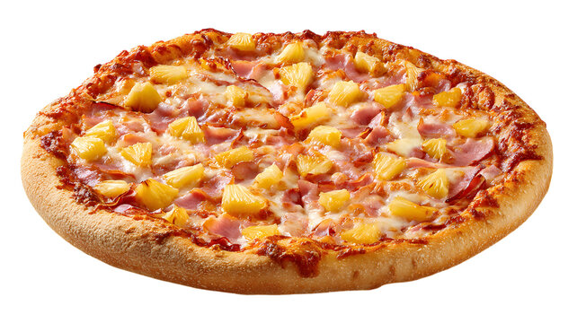 Hawaiian Pizza with Ham and Pineapple Topping Angled View Isolated on White Background